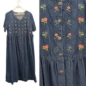 Vintage 90's Denim Dress with Floral Embroidered Detail & Buttons